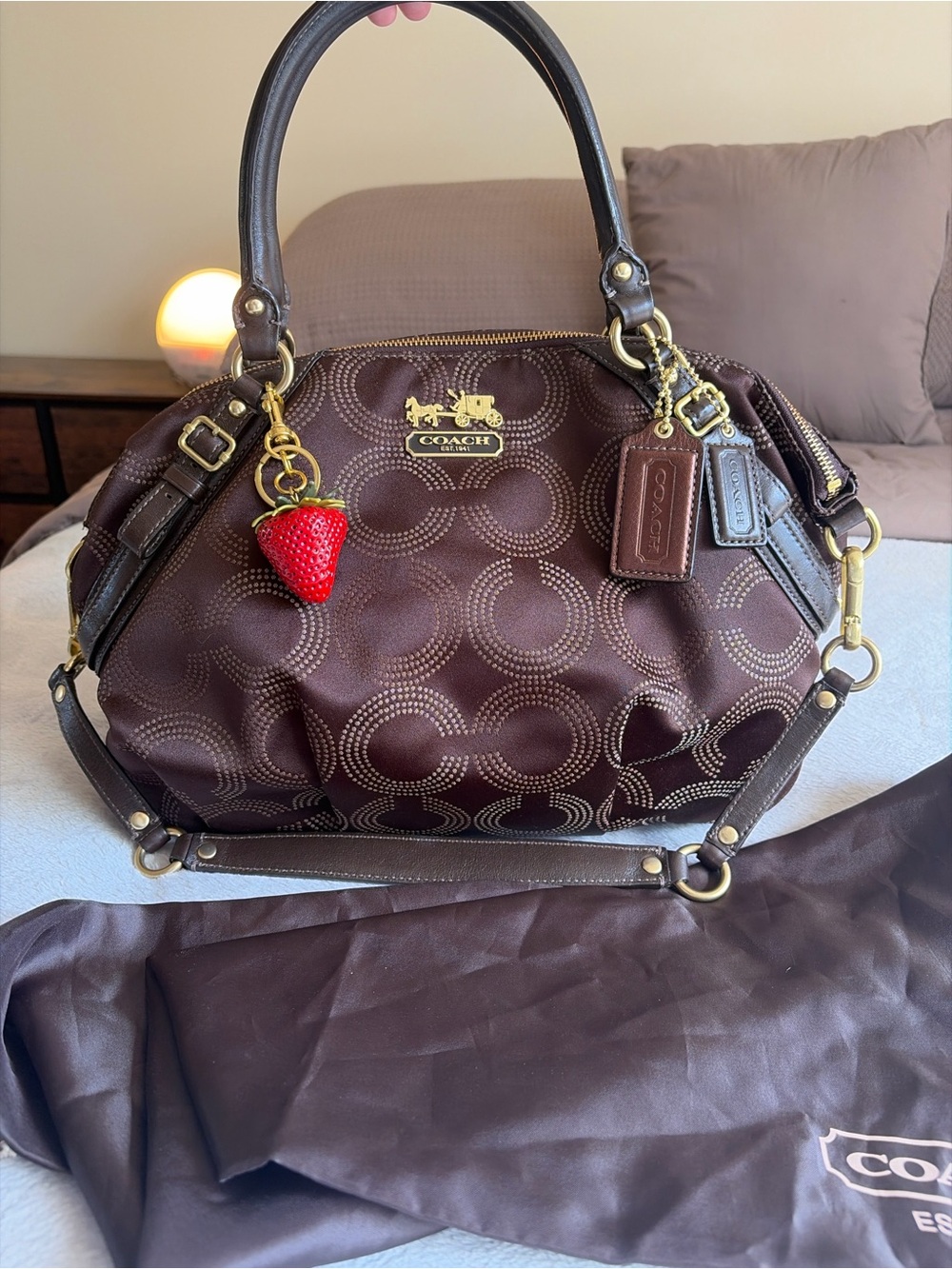 Coach Brown Signature Dome Satchel with Strawberry Charm
